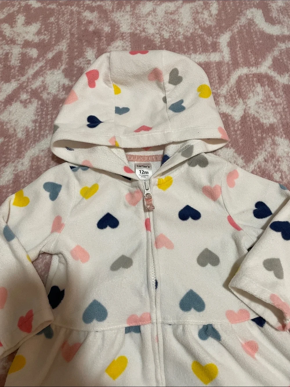 GUC - Carter's White Hooded Fleece Zip Jacket with Multicolor Heart Print